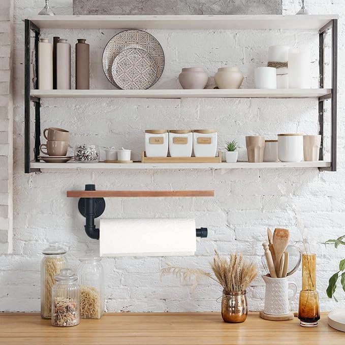HouseAid Industrial Pipe Paper Towel Holder with Shelf, Rustic Farmhouse Paper Towel Rack for Bathroom, Kitchen, Wall Mounted, Matte Black
