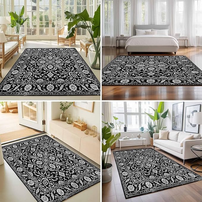 Area Rug 9x12ft, Paisley Vintage Black Floral Washable Rugs for Living Room Bedroom Rectangle Floor Carpet, Classic Flower Texture Soft Non-Slip Area Rugs for Dining Room