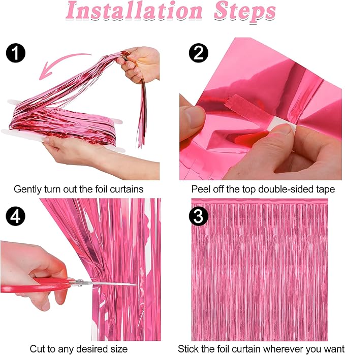 ZATAYE 12 Pack Pink Backdrop, 3.28 FT x 7.05 FT Foil Fringe Curtains, Metallic Pink Tinsel Curtain Party Streamer Birthday Backdrop for Girl, Valentines Day Decorations Bachelorette Party Supplies