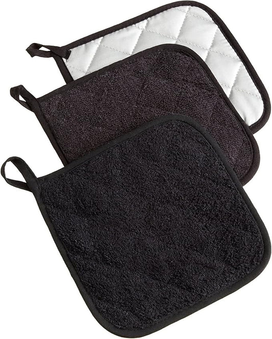 DII Basic Terry Collection Quilted 100% Cotton, Potholder, Black, 3 Piece