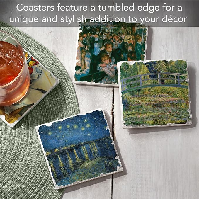 Thirstystone Impressionists 4 Pack Assorted Tumbled Tile Stone Coasters with Protective Cork Backing Manufactured in The USA Absorbent Easily Wipes Clean