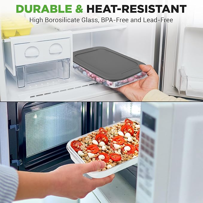 NutriChef 8-Piece Deep Glass Baking Dish for Oven with Lids - Casserole Dishes for Oven - Bakeware Sets for Lasagna, Meatloaf, Leftovers, Cooking, & Dishwasher Safe -Gray