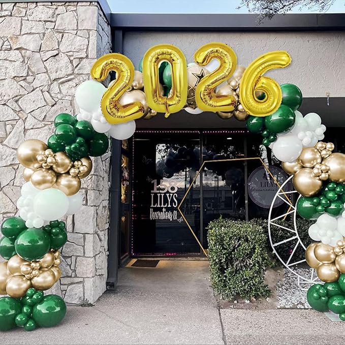Graduation Decorations Class of 2026: Green and Gold Graduation Balloon Arch Garland Kit and Gold Confetti Balloons Congrats Grad Banner 2026 Foil Balloon Decorations For Grad Party