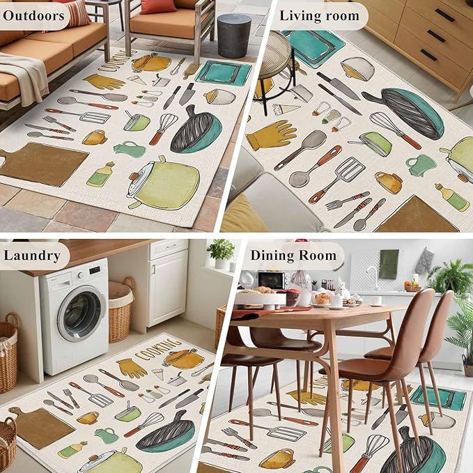 Cooking Kitchenware Kitchen Tool Pattern Rectangle Rugs 2.7x5ft for Living Room Washable Circle Rug Non-Slip Carpet Soft Mat for Bedroom Dining Room Bathroom Home Holiday Decorations Indoor