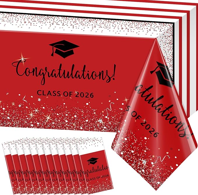 12 Pack Class of 2026 Graduation Tablecloths,Foil Dot Plastic Disposable Rectangle Table Covers for 2026 High School University College Graduation Party Decorations,108*54 Inch (Red and Black)