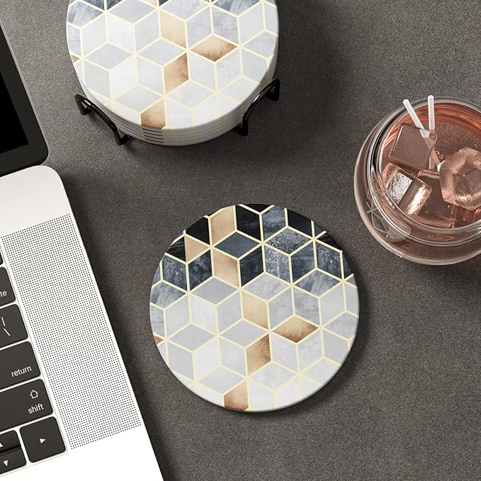 Nipichsha Coasters for Drinks, Set of 6 Cute Absorbent Ceramic Drink Coasters for Cup with Holder and Cork Base, Kitchen Home Decor Housewarming Gift, Round 4 in, Gray Gold Rhombus