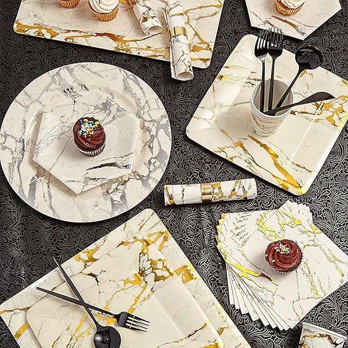 Elegant Marble Gold Loaf Rectangular Disposable Paper Platter - 16" x 7" (Pack of 3) - Perfect for Serving Bread, Cakes, & Desserts at Special Events