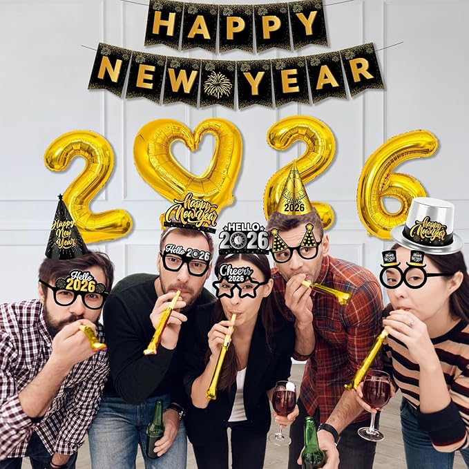 New Years Eve Party Supplies 2026 - 40PCS Happy New Years Decorations for 12 Guests Includes Banner,Gold 2026 Balloon,Hats,Tiaras and Squawkers for Nye 2026 Celebrations