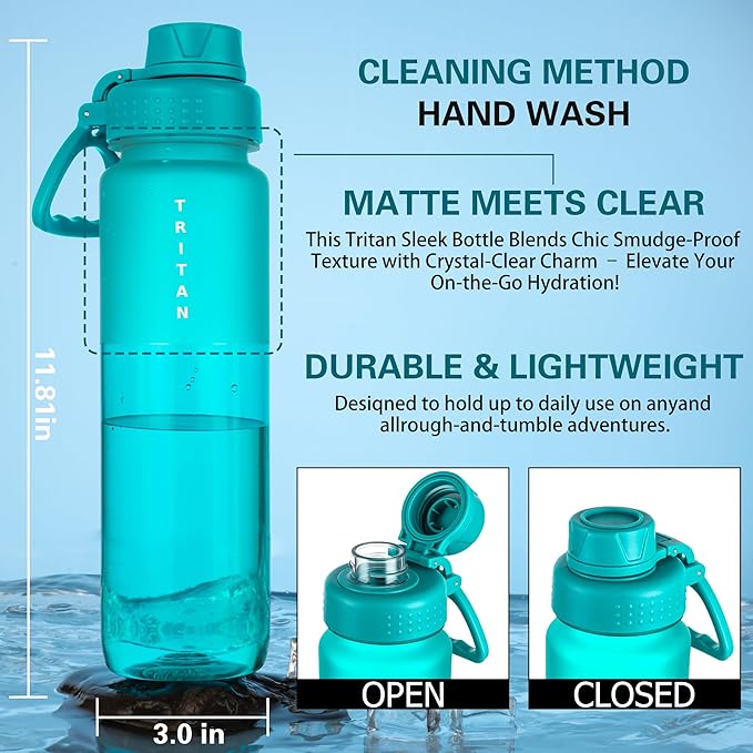 OLDLEY 32oz Frosted Clear Water Bottle, BPA-Free Tritan Plastic Reusable Water Bottle with Fast-Flow Spout Lid, Wide Mouth Leakproof Sports Drinking Bottle for Gym, School, Office, Travel,Cerulean