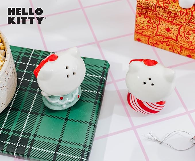 Silver Buffalo Sanrio Hello Kitty 3D Sculpted Festive Christmas Tree and Candy Cane Holiday Salt and Pepper Shaker Set