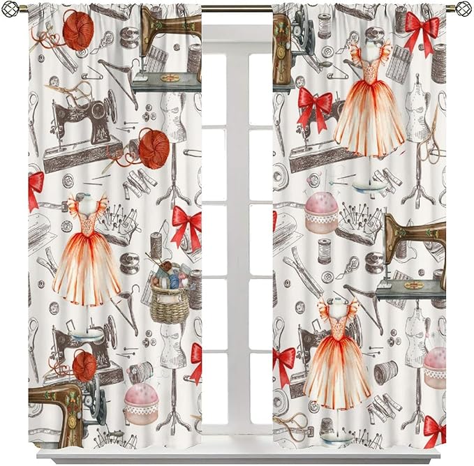 Sewing Machine Blackout Curtain,Vintage Retro Dress Bowknot Pattern Girls Women Window Curtains Dining Room Living Room Kitchen Cafe Bedroom Office Drapes,55x63 in