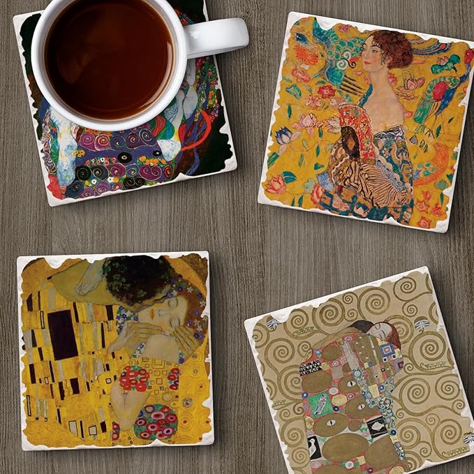 Thirstystone Gustav Klimt 4 Pack Assorted Tumbled Tile Stone Coasters with Protective Cork Backing Manufactured in The USA Absorbent Easily Wipes Clean