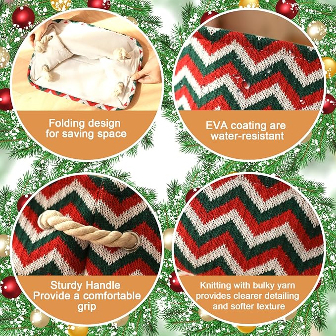 INough Christmas Ornament Storage Box Holiday Decoration Organizer, Knitted with Bulky Yarn Christmas Basket for Kids Collapsible Gifts Baskets Empty with Handles Ornament Storage Box