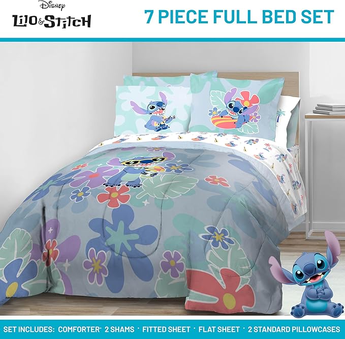 Jay Franco Disney Lilo and Stitch Full Size Comforter Set - 7 Piece Bedding Includes Sheet Set & Pillow Covers - Super Soft Tropical Bedding