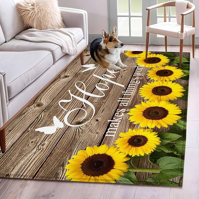 Area Rug 3x5ft, Farm Sunflower Positive Energy Quote Washable Rugs for Living Room Bedroom, Retro Dark Brown Wood Grain Soft Non-Slip Area Rugs Rectangle Floor Carpet for Dining Room