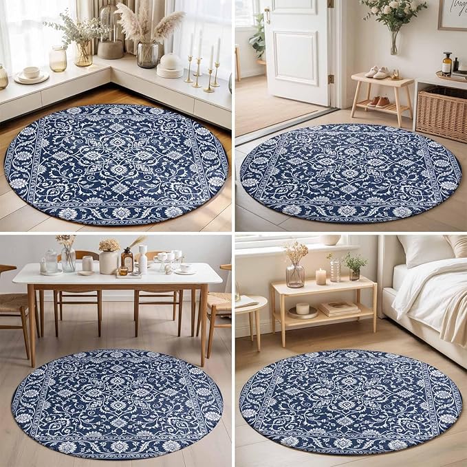 Washable Round Area Rug Navy Blue Paisley Floral Texture Circle Rugs Floor Carpet for Living Room Bedroom, Vintage Tribe Flower Soft Non Slip Round Rug 3ft