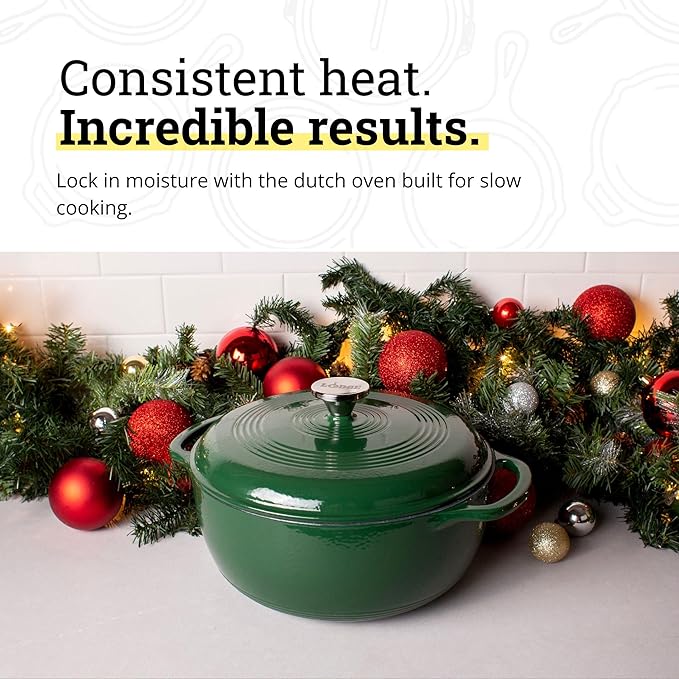 Lodge Essential Enamel Cast Iron Dutch Oven - Perfect for Bread Baking, Braising, Marinating & Slow Cooking - Features Moisture-Sealing Lid & Dual Handles - Kitchen Essentials - 6 Quarts - Evergreen