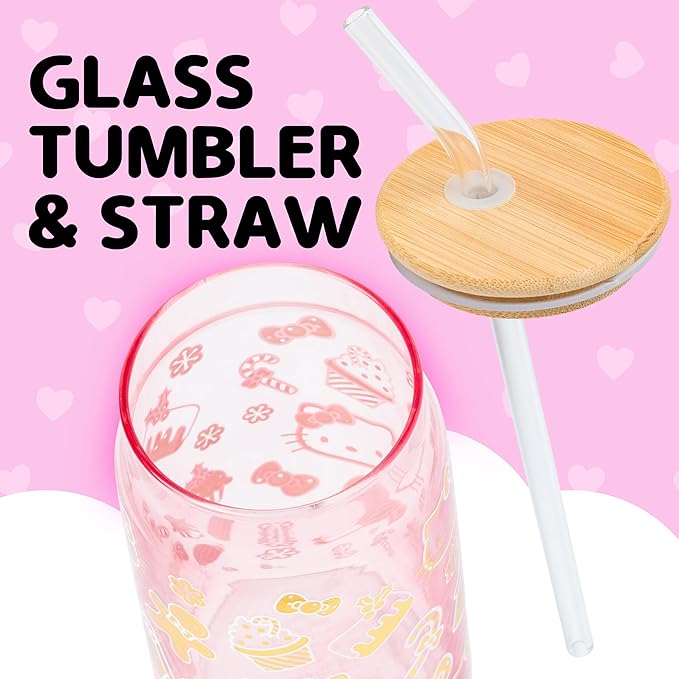Silver Buffalo Sanrio Hello Kitty Gingerbread Cookies Christmas Holiday Pink and Gold Foil Glass Jar Tumbler with Bamboo Lid and Glass Straw, 16 Ounces