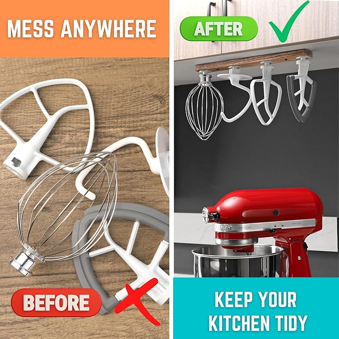 Stand Mixer Attachment Holder, Wood Wall Mounted Holder with 4-Pack Plastic Hangers, Kitchen Accessories Storage Organizer Parts Compatible with Kitchenaid Mixer Attachments for Space-saving, Walnut