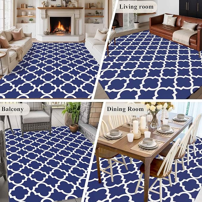 Area Rug 6x9ft, Navy Blue Moroccan Plaid Washable Rugs for Living Room Bedroom, White Line Buffalo Lattice Soft Non-Slip Area Rugs Rectangle Floor Carpet for Dining Room