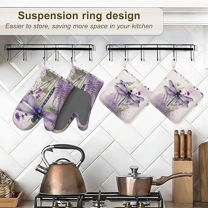 Watercolor Dragonfly Oven Mitts and Pot Holders Set of 4,Lavender Floral Kitchen Glove Heat Resistant Oven Mitts with Non-Slip Silicone for Baking, Cooking, BBQ