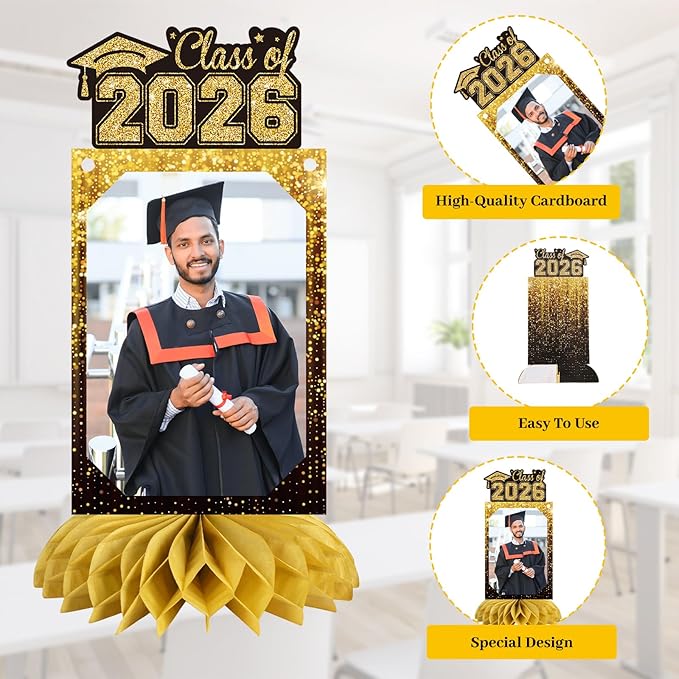 9 PCS Graduation Party Decorations Class of 2026 Honeycomb Centerpieces, Honeycomb Centerpieces for Graduation Photo Toppers Table Decorations. (Grad.Gold)