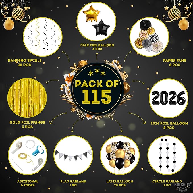 Katchon, New Years Eve Party Supplies 2026 - Huge, Pack of 115 | Happy New Year 2026 Balloons Arch Kit | Gold Fringe Backdrop Curtain, New Year Balloons | New Years Decorations 2026, Nye Decorations