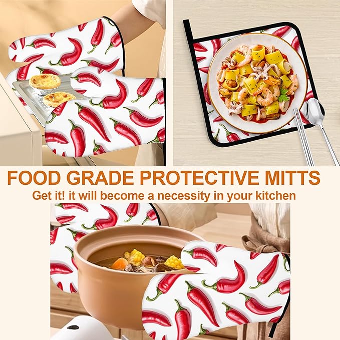 Red Pepper Pattern Oven Gloves and Hot Pads Set - Heatproof Hand Protection for Baking, Grilling, Cooking 4Pcs