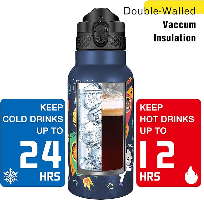 Han's Bottle Kids Water Bottle with Straw Lid - Insulated Stainless Steel Reusable Tumbler for Girls,Boys,Thermo Mug,17oz,Cosmic Animals