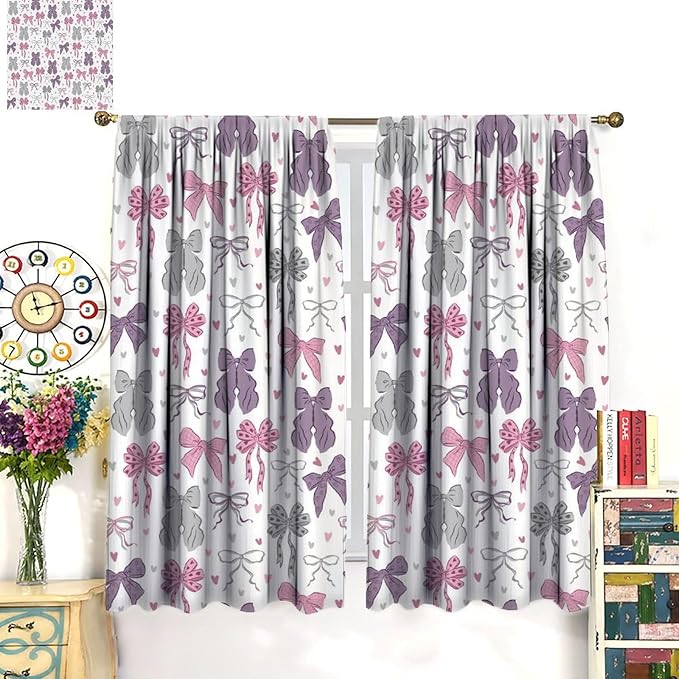Bowknot Blackout Curtain,Kids Girls Cute Bow Tie Print Pink Purple Window Curtains for Dining Room Living Room Kitchen Cafe Bedroom Office Nursery Drapes,72x63 in