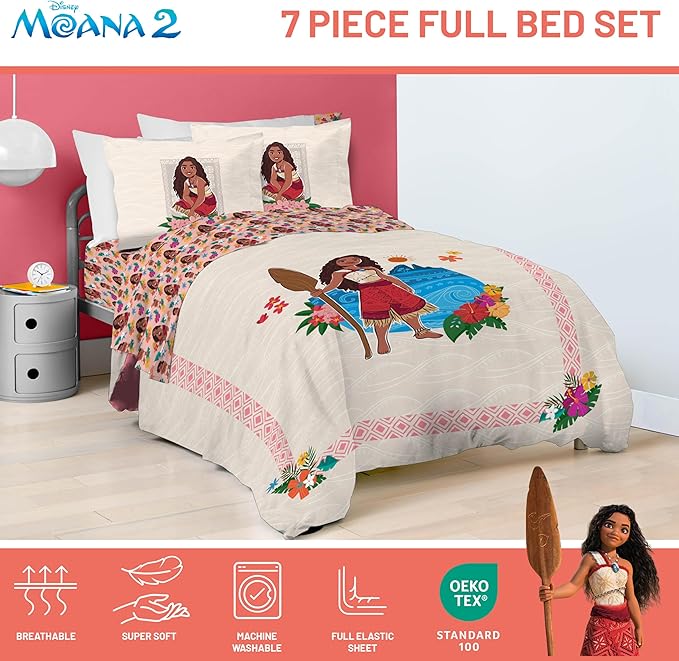 Jay Franco Disney Moana Full Size Comforter Set - 7 Piece Bedding Includes Sheet Set & Pillow Covers - Super Soft Floral Kids Bedding