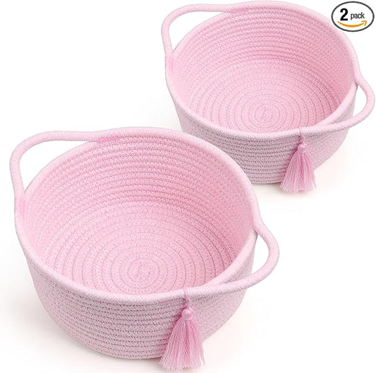 Small Cute Empty Gift Basket - Little Woven Rope Baskets for Girl, Baby Shower Gifting, Makeup, Desk，Valentines，Bathroom- Decorative Vanity Organizer Bins - 2 Pack, Pre-Shaped, Pastel Pink