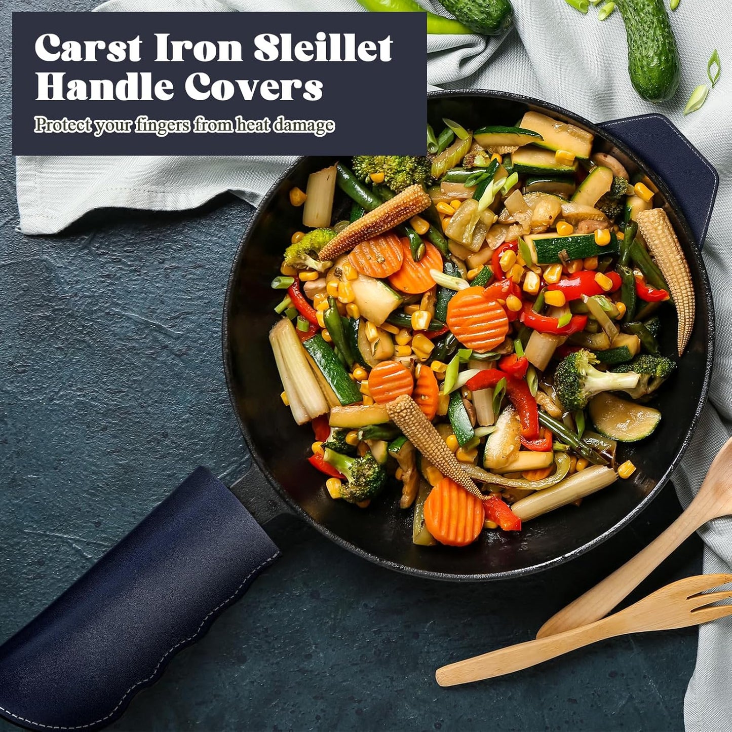 Baderke 4 Pcs Leather Cast Iron Handle Cover Handmade Leather Heat Resistant Skillet Handle Set Pot Holder for Hot Frying Pans, Pots(Blue)