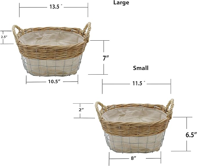 Admired by Nature Decorative Woven Nesting Storage Baskets for Bathrooms, Shelf Pantries - for Home Decor Organization, Offices, Nurseries, Bathrooms, Kitchens - Set of 2, Natural/White Small & Large