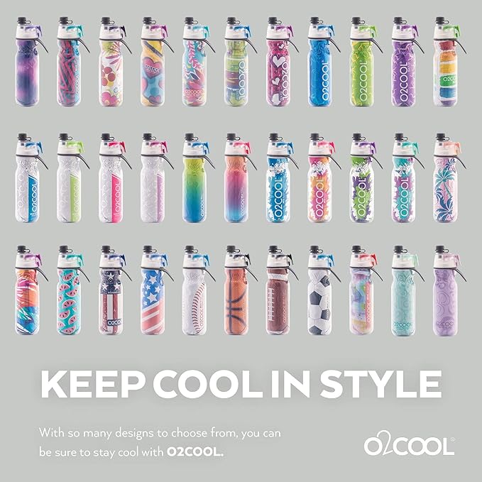 O2COOL Mist N Sip 2-in-1 Misting Water Bottle, 20 oz (2 Pack Football), Reusable Sports Bottle with Pull Top Spout & High Flow Rate - BPA Free, Insulated, Lightweight
