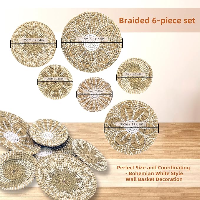Boho Wall Basket Decor Set of 6 - Hanging Woven Basket Wall Decor, Handcrafted Round Flat Seagrass Baskets Wall Art, for Rustic、Farmhouse、Home - Unique Wicker Wall Basket Decor （White Classic）