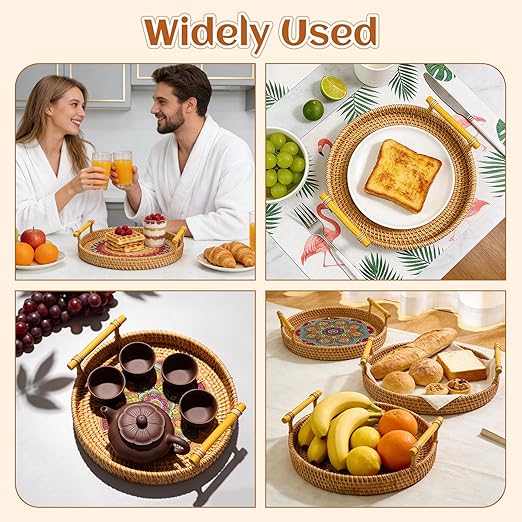 24cm/9.45in Oval Rattan Woven Tray Basket with Handles, Hand Woven Round Rattan Serving Decorative Wicker Trays for Table Decor (M)