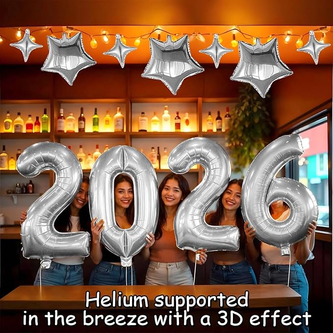 Upgraded, 42in Large 2026 Balloons Numbers, with 8pcs Star Balloon and Accessories, 3D Premium Aluminum Foil, Graduation Balloons for Graduation Decorations 2026, Grad Party Decorations, Silver