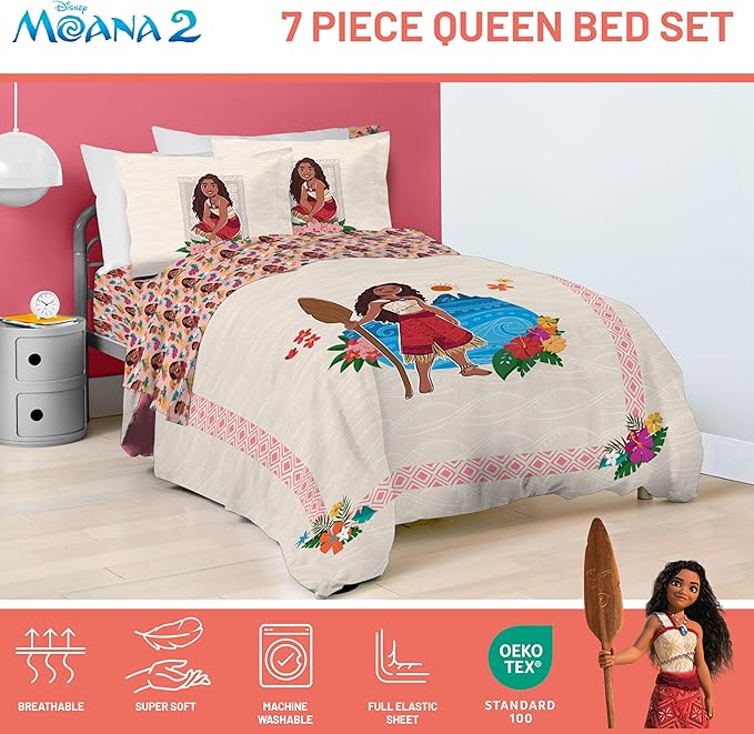 Jay Franco Disney Moana Queen Comforter Set - 7 Piece Bedding Includes Sheet Set & Pillow Covers - Super Soft Floral Kids Bedding