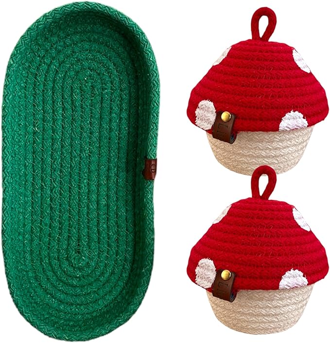 Handmade Mushroom Storage Set–Decorative,Functional Storage for Bathroom,Home Décor,Perfect Gift (Green Grass Basket with 2 Small Mushrooms – Compact and Cute Storage Solution for Any Room)
