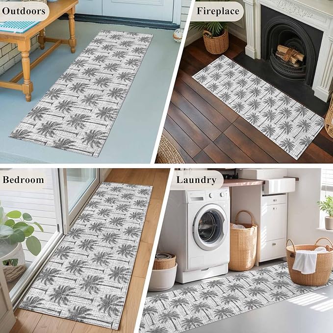 Runner Rug for Bedroom Hallway, Summer Palm Tree Retro Linen Kitchen Runner Rugs Area Rug 2x6ft, Tropical Gray Botanical Washable Soft Floor Carpet for Entryway Stair