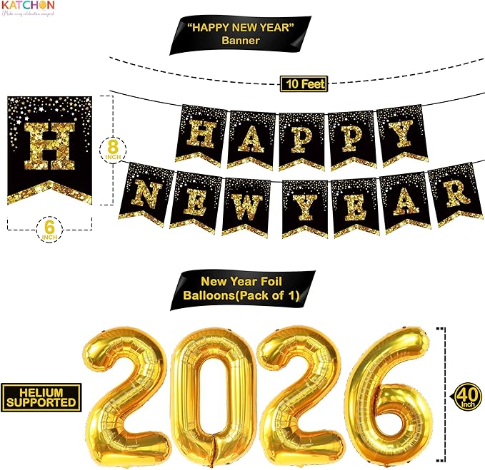 KatchOn, Huge New years Decorations 2026 Set - Pack of 35 | Gold Fringe, Black and Gold Happy New Year Banner, 2026 Balloon Numbers | New Year Foil Balloons, Swirls | New Years Eve Party Supplies 2026