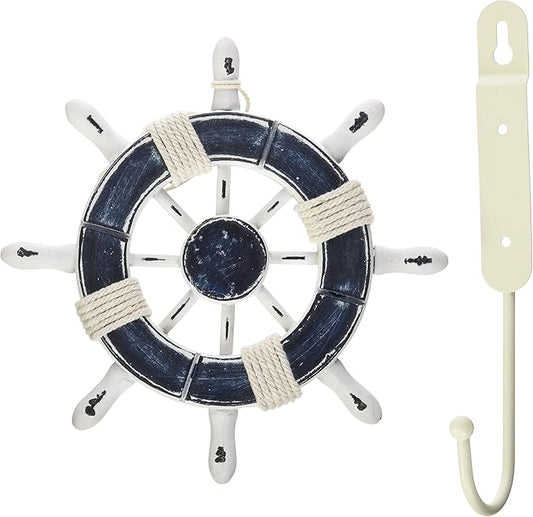 Hampton Nautical Wheel-6-108-starfish Rustic Decorative Ship Wheel with Starfish and Hook, 6", Dark Blue/White