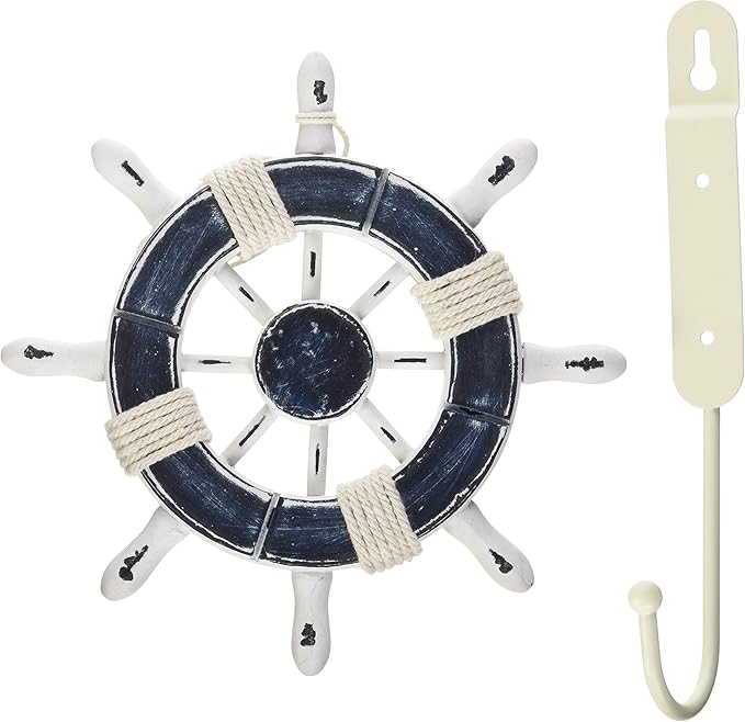 Handcrafted Model Ships Rustic Dark Blue and White Decorative Ship Wheel with Starfish 12"- Beach Decor