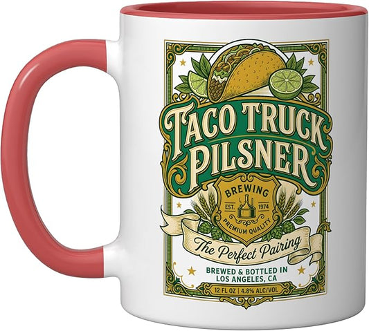 Taco Truck Pilsner Retro cerveza Funny Beer Label Ceramic Mug, Red/White