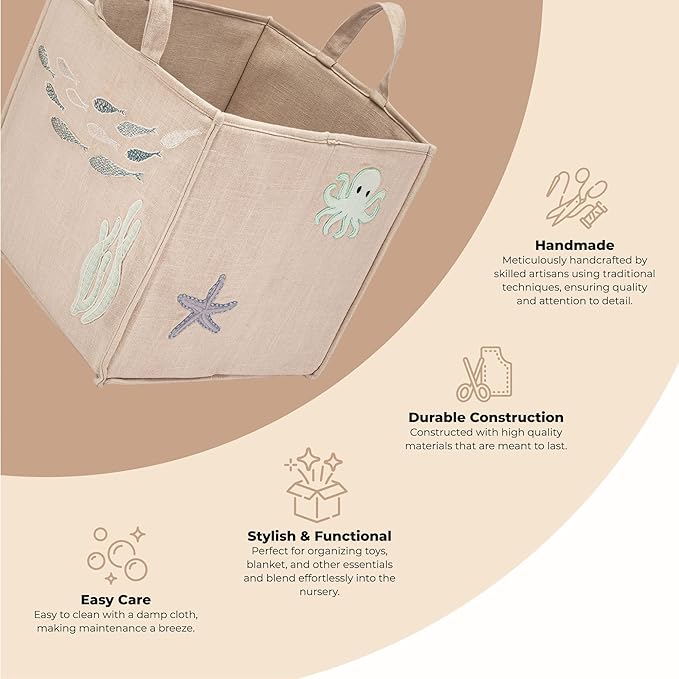 Crane Baby Fabric Nursery Storage Basket, Toy Storage, Sea Life Theme, 14"x14", Toy Basket, Baby Storage Organizer, Toy Organizers and Storage Bins, Baby Organizers and Storage, Toy Bins