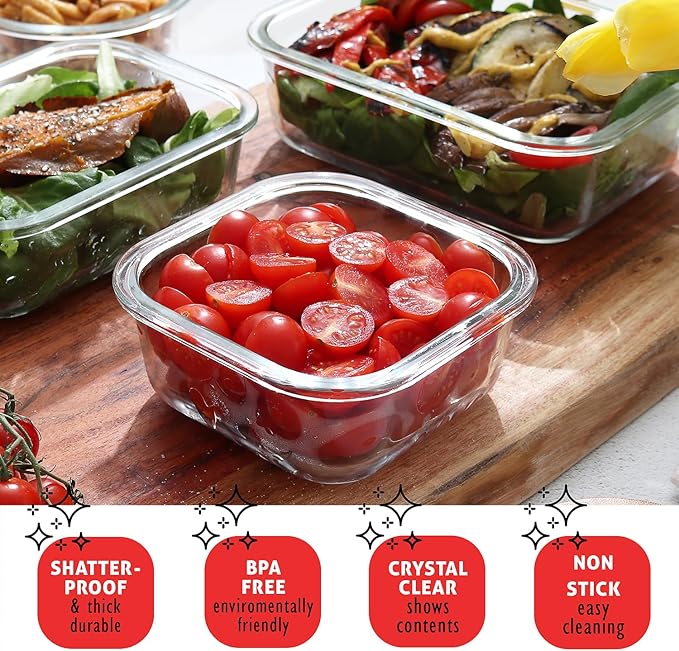 EATEX 32pc Glass Food Storage Containers with Lids, Airtight Glass Meal Prep, 16 Reusable Food Containers with 16 Leakproof Snap Lock Lids Oven Microwave Freezer Safe Lunch Containers