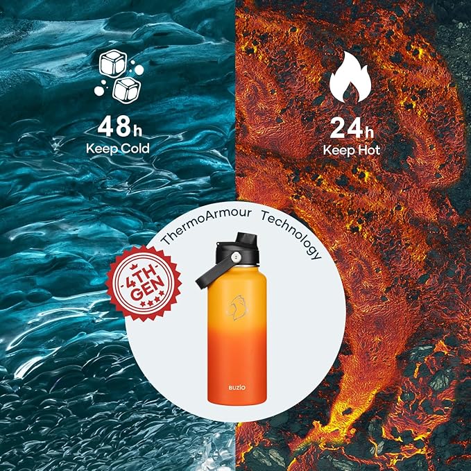 BUZIO 32oz Insulated Water Bottle, Triple Wall Vacuum Stainless Steel Water Flask with Straw Lid, BPA-Free Leakproof Sports Canteen for Sports Hiking, Cold 48H & Hot 24H- Yellow Orange