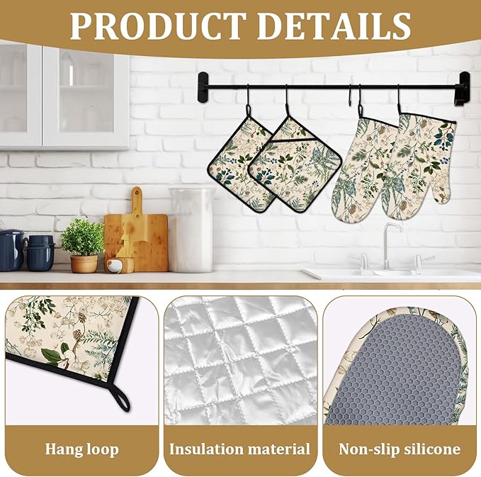 Botanical Print Oven Mitts and Pot Holders Sets 4Pcs Wildflower Herb Silicone Kitchen Gloves Heat Resistant Potholders for Baking Cooking Grilling BBQ