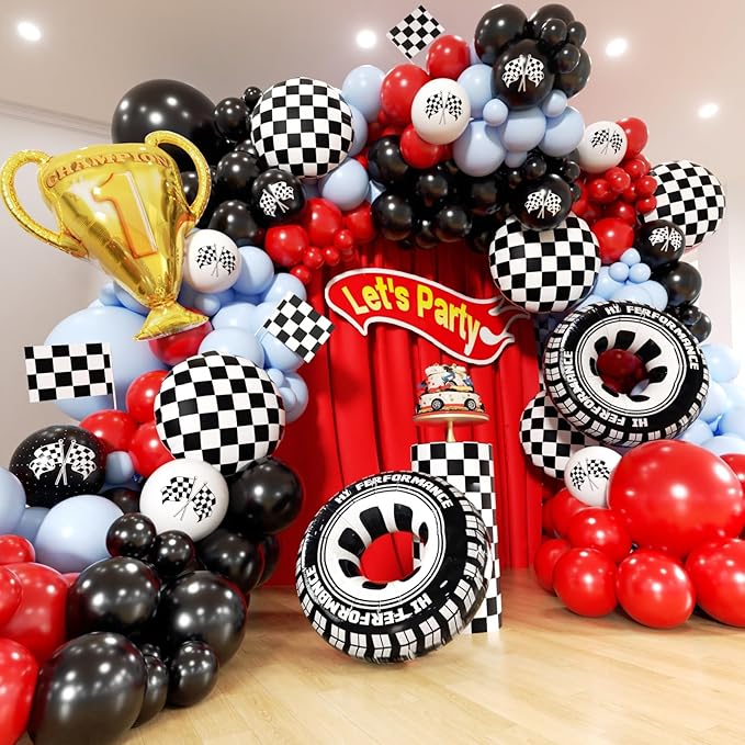 Race Car Balloons Arch Kit -162Pcs Trophy, Flags, Tire, Checkered, Wheels and Red Black Blue Balloon Garland Kit for Racing Car Theme Two Fast 2nd One Theme 1st Boy Birthday Party Decorations